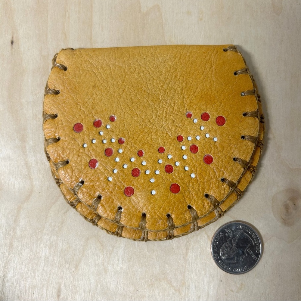 Vintage Light Orange Tan Leather Coin Purse Wallet with Red and White Accents